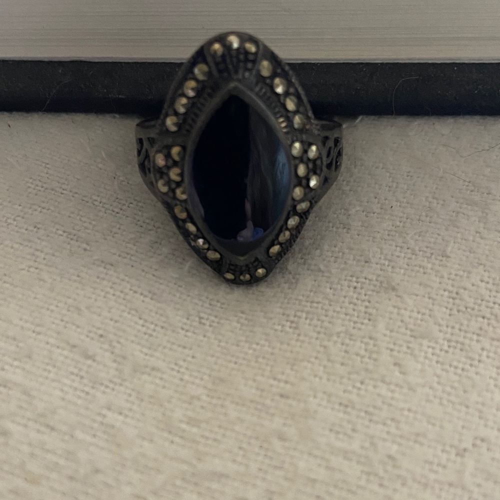 genuine 925 Sterling Silver Marcasite black Onyx Ring Art Deco Nouveau size 9